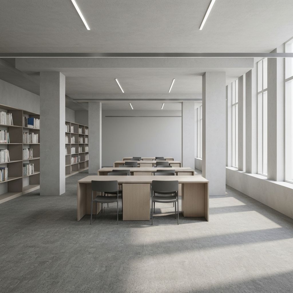 Minimalistički institucionalni interijer - organizovan prostor znanja sa mekim prirodnim svetlom, linije arhitekture